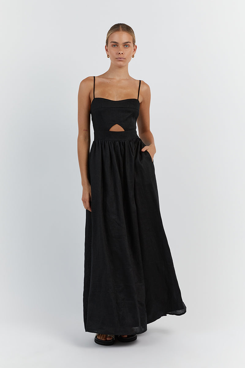 HARPER BLACK LINEN MIDI DRESS