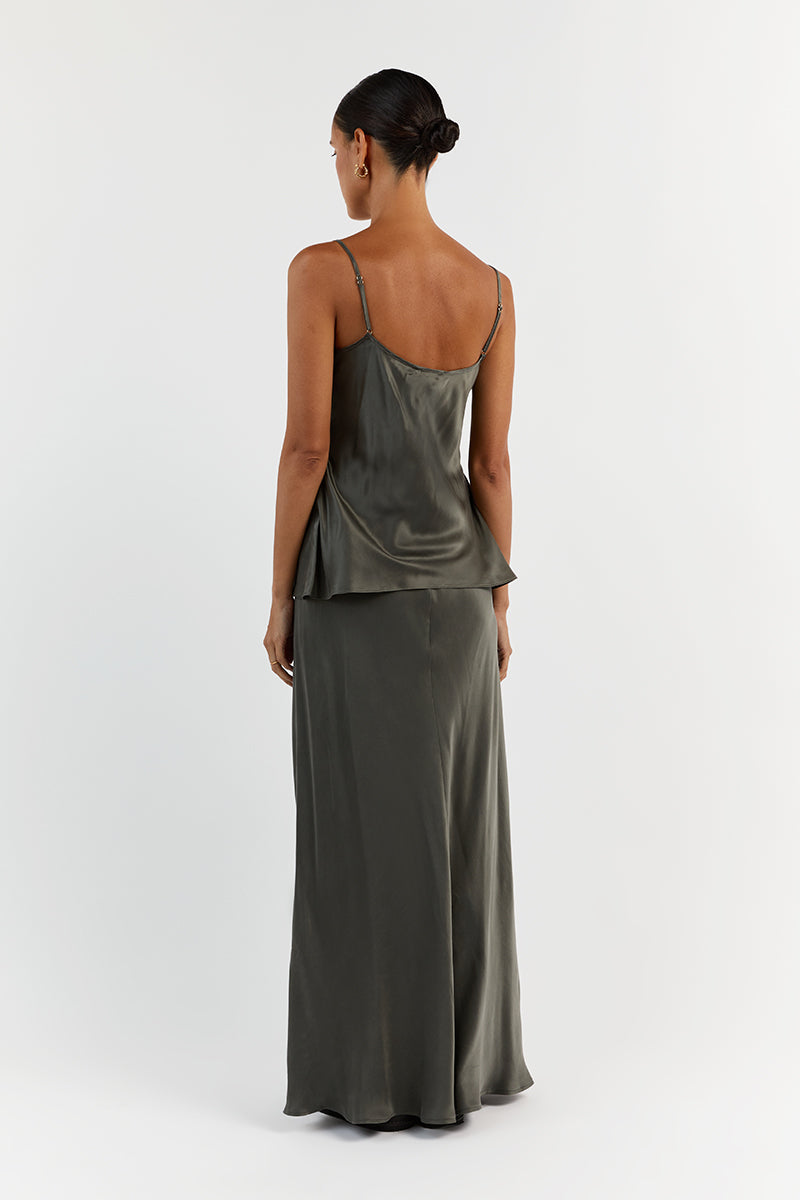LAYLA DARK OLIVE SILK MIDI SKIRT