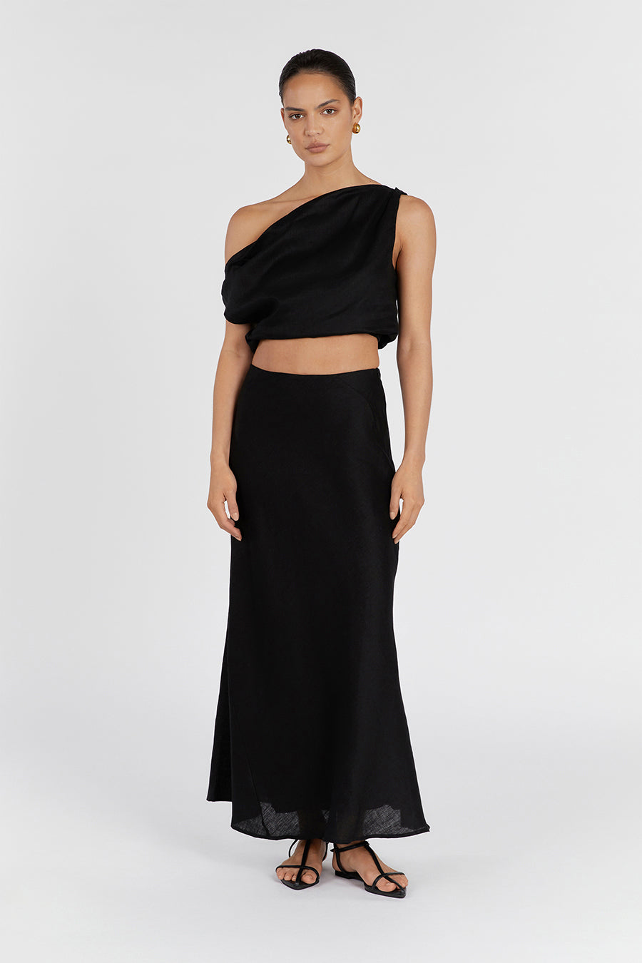 SYRAH BLACK LINEN MIDI SKIRT