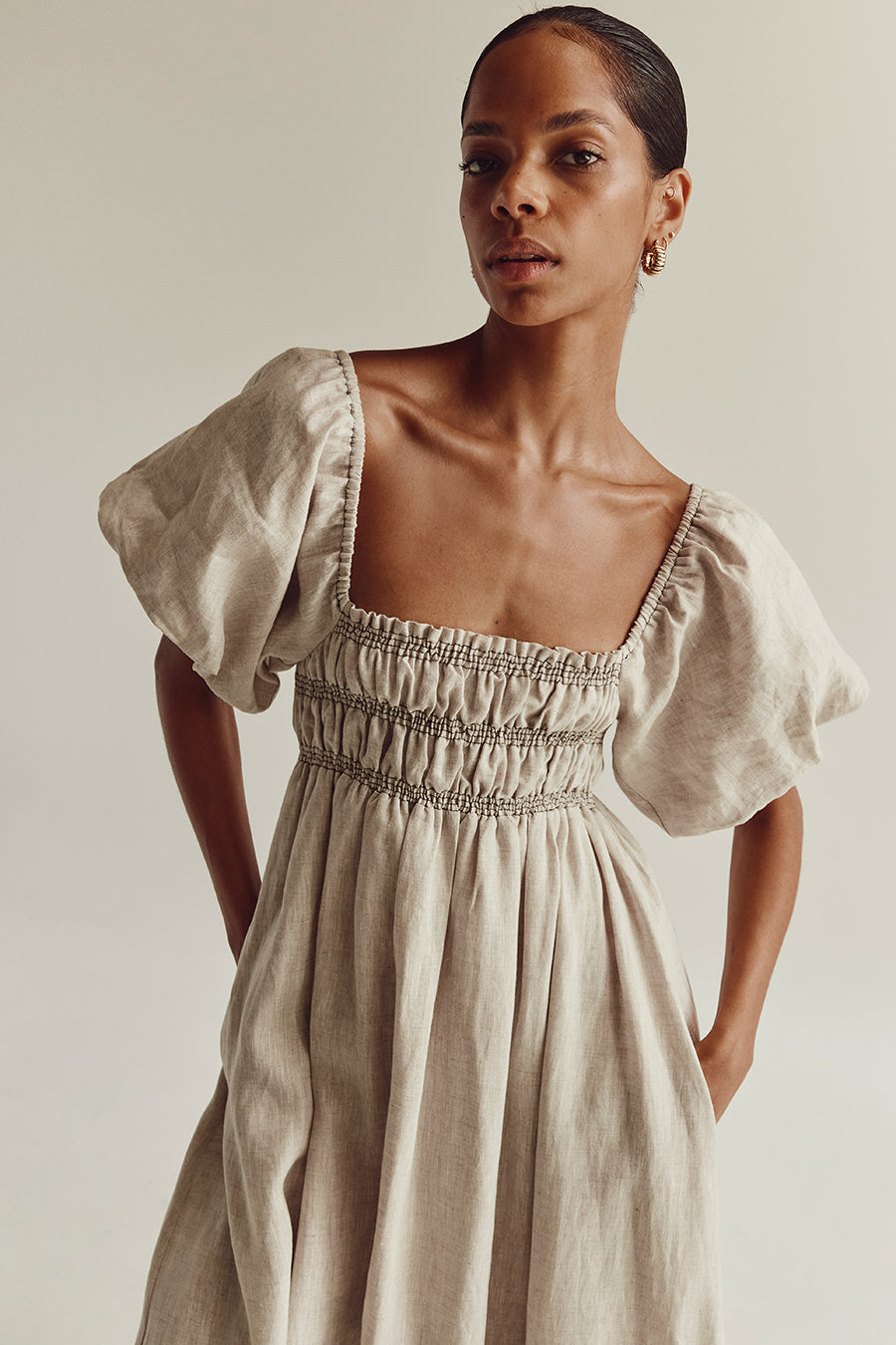 BIANCA NATURAL LINEN MIDI DRESS