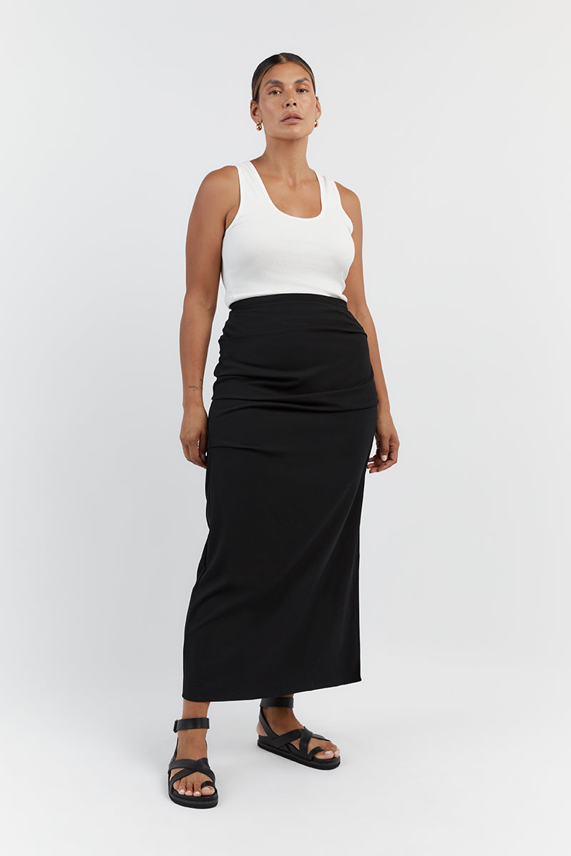 JAMIE RUCHED BLACK MIDI SKIRT