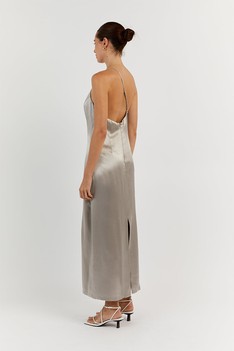 RIO PEWTER ONE SHOULDER MIDI DRESS