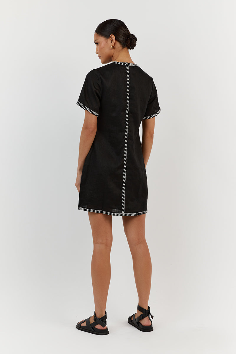 BELLA BLACK LINEN SHIFT MINI DRESS