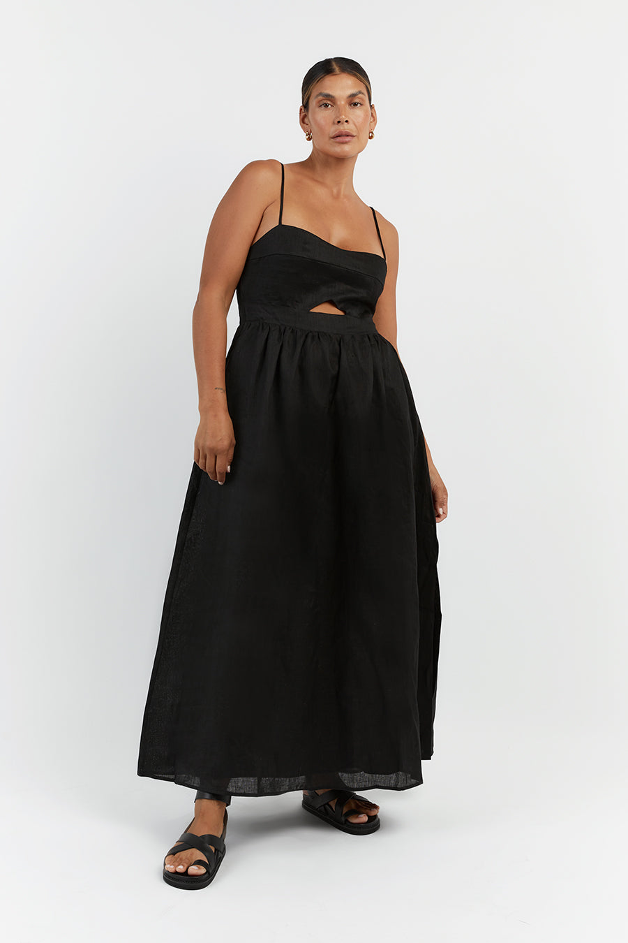 HARPER BLACK LINEN MIDI DRESS