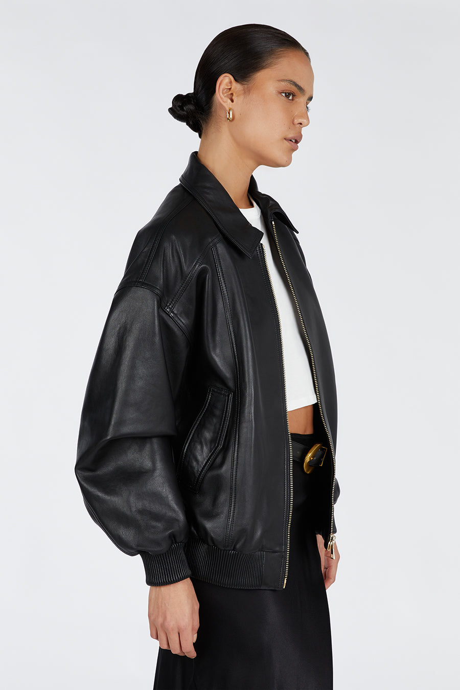 HUTTON BLACK LEATHER BOMBER JACKET