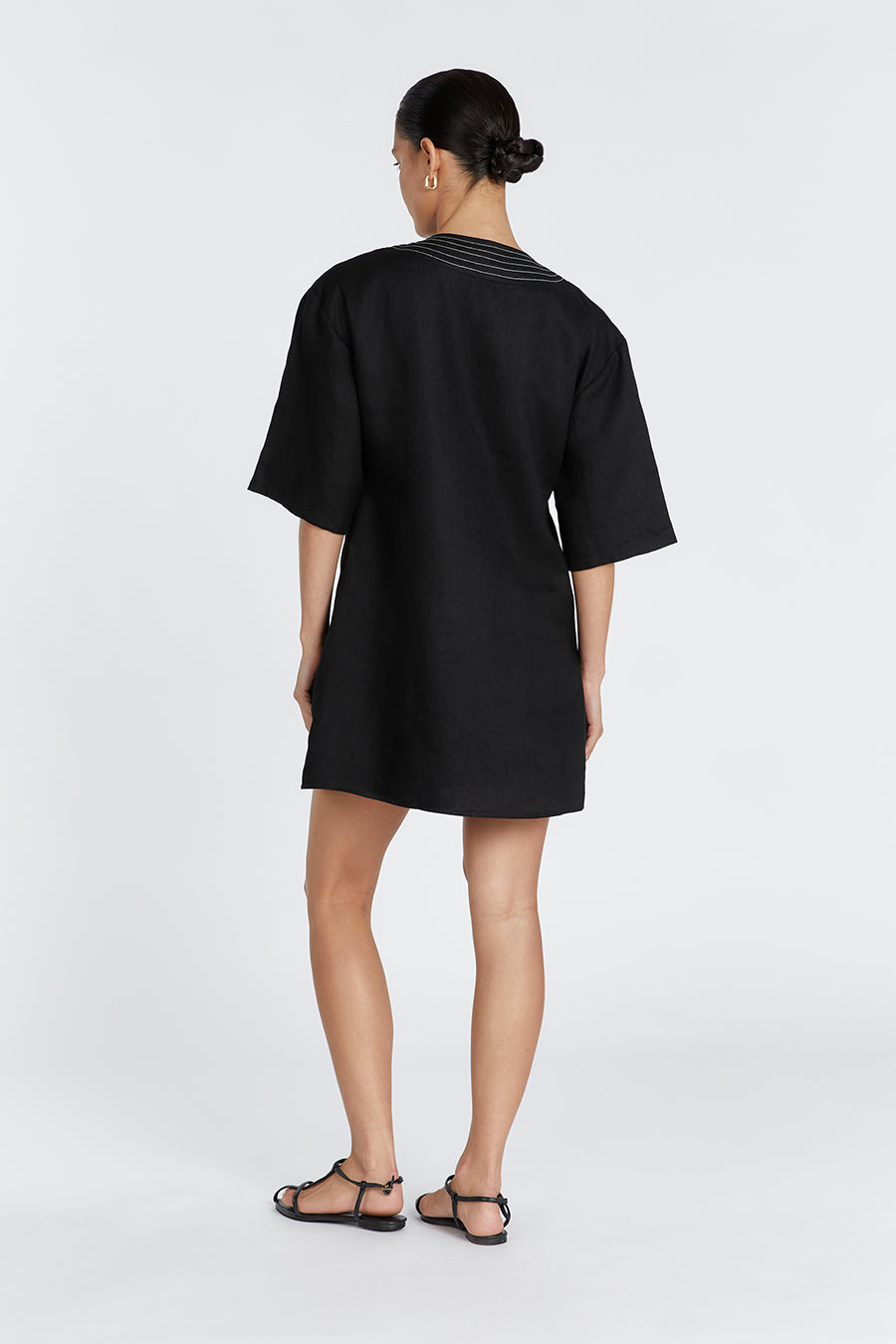 NALA BLACK LINEN MINI SMOCK DRESS