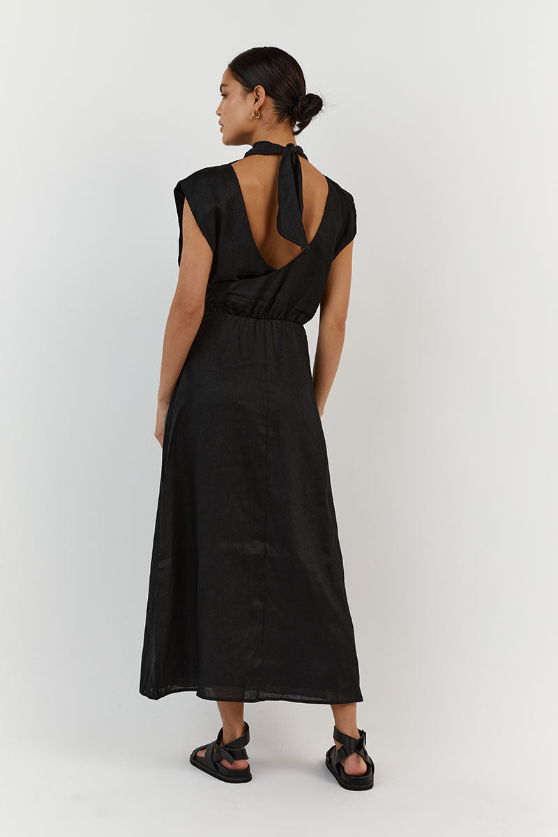 ALESSI BLACK LINEN MIDI DRESS
