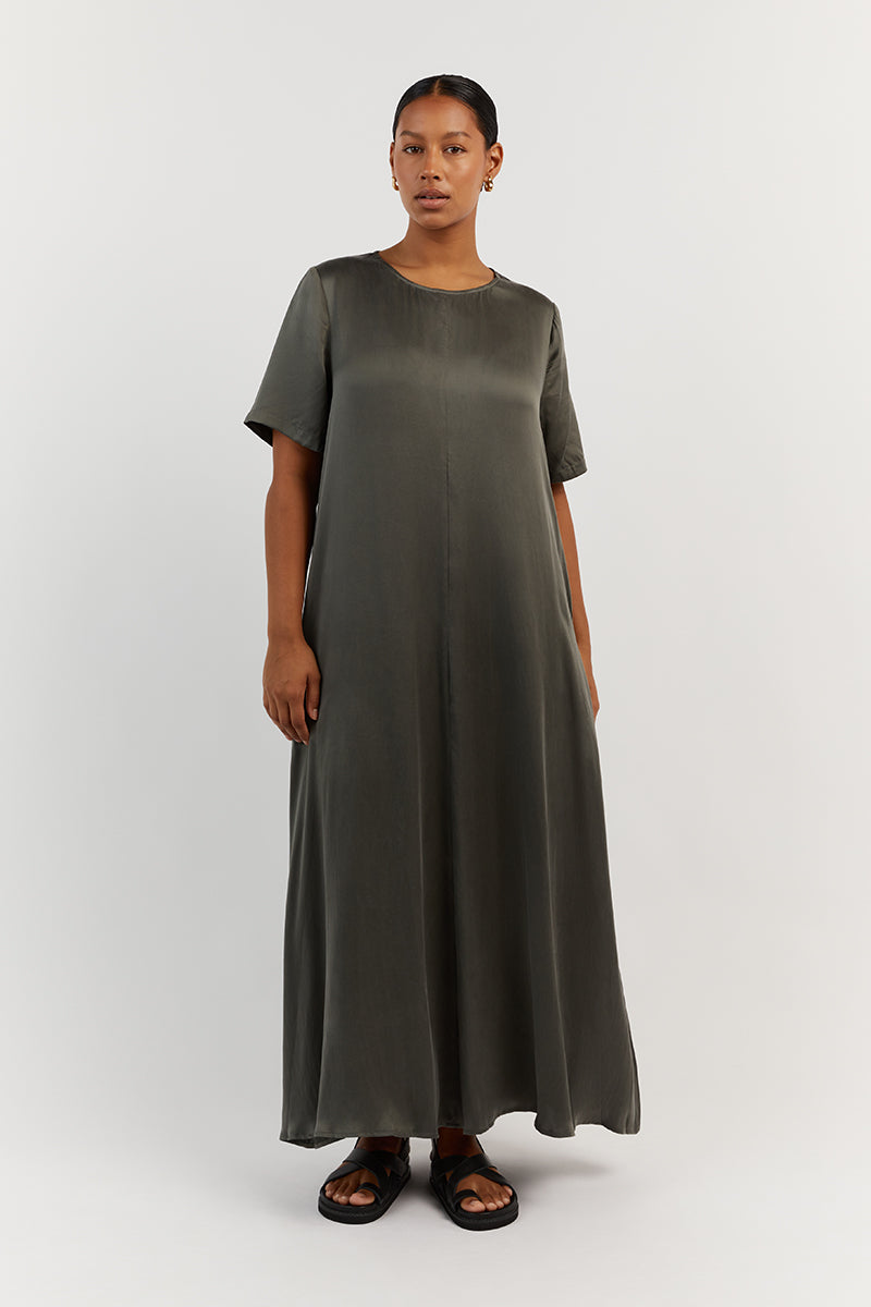 LAYLA DARK OLIVE SILK SHORT SLEEVE DRESS
