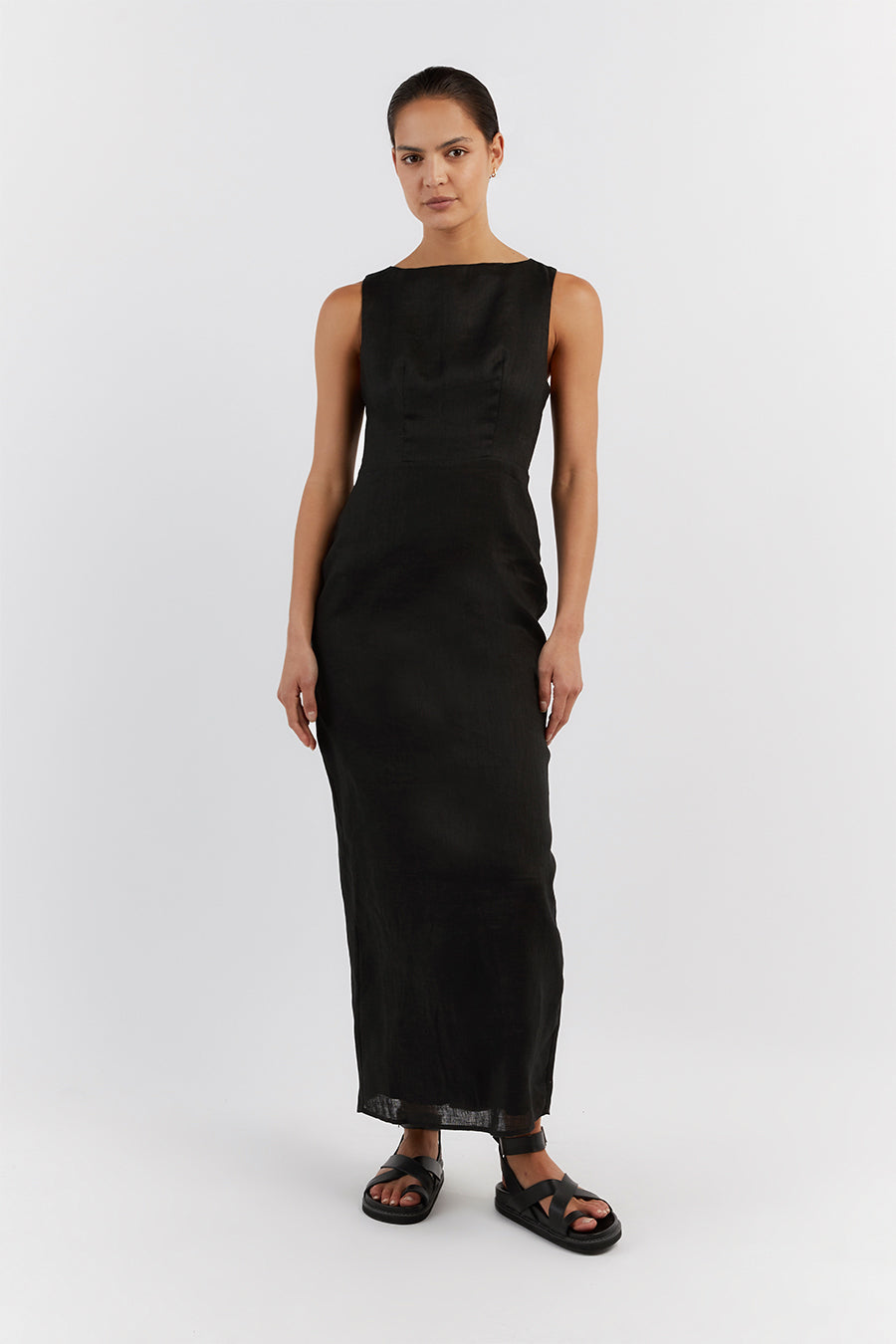 TYLA BLACK LINEN MIDI DRESS