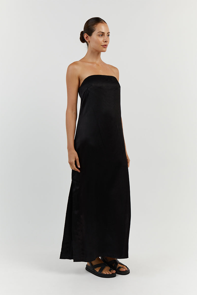 MIA BLACK STRAPLESS SATIN MIDI DRESS