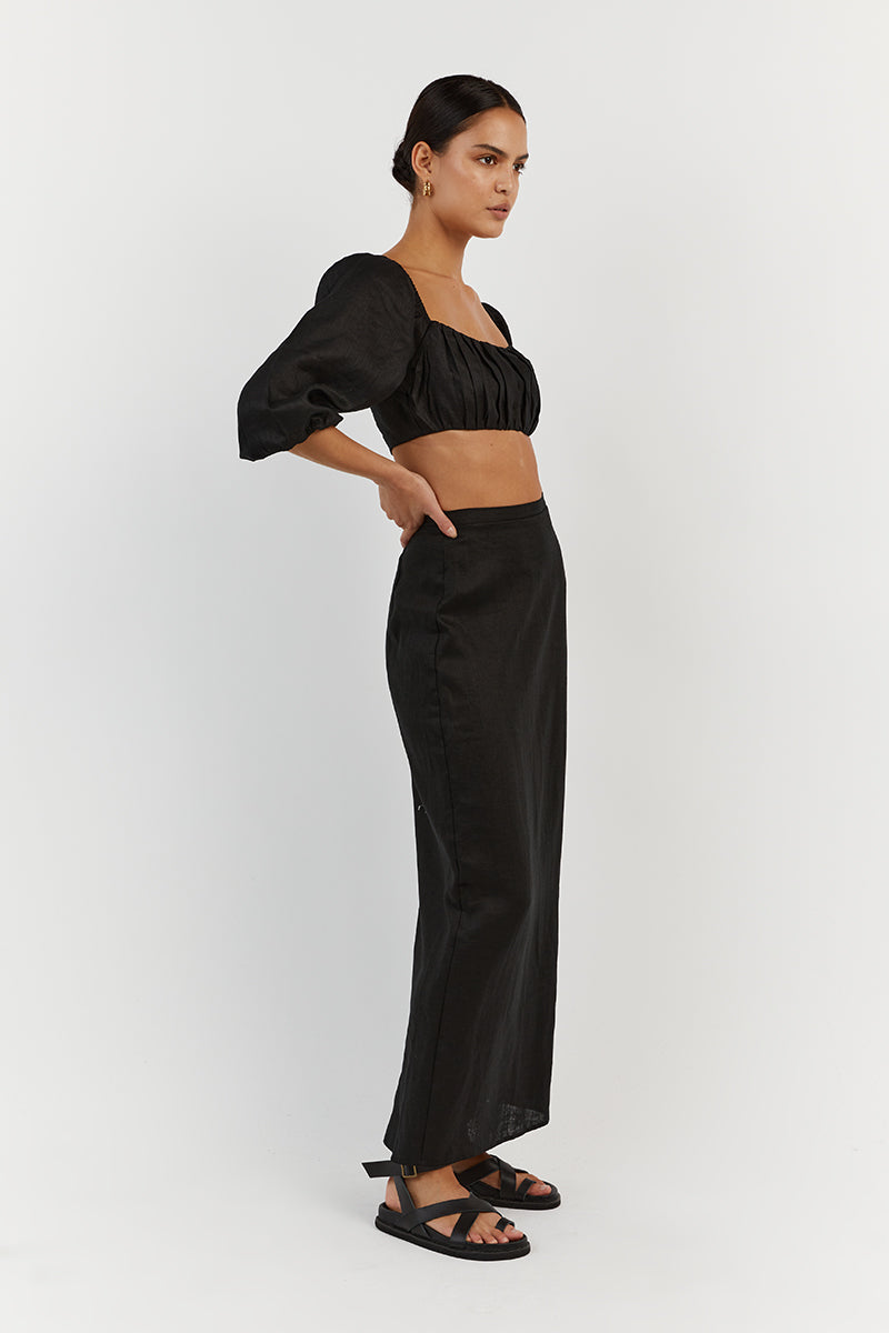 LILAH SLEEVED BLACK LINEN CROP TOP
