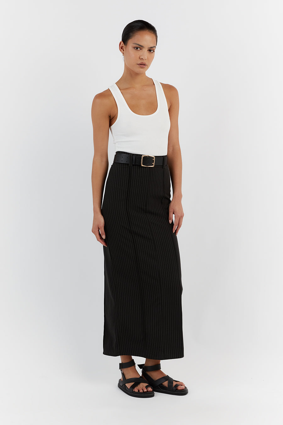 DIEGO BLACK PINSTRIPE MIDI SKIRT
