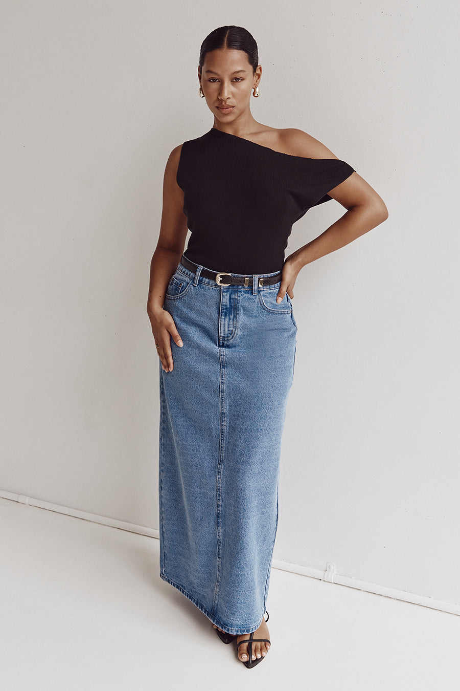 JOPLIN VINTAGE BLUE DENIM MIDI SKIRT