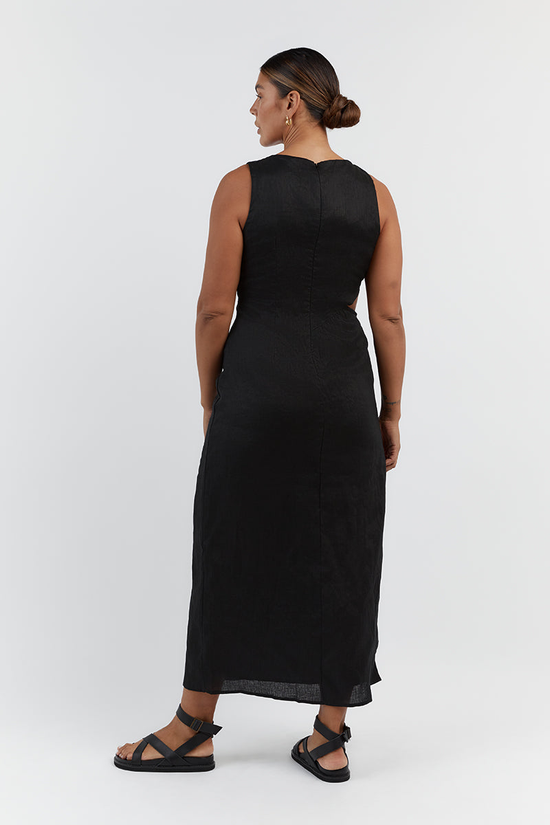 LEILANI BLACK LINEN MIDI DRESS
