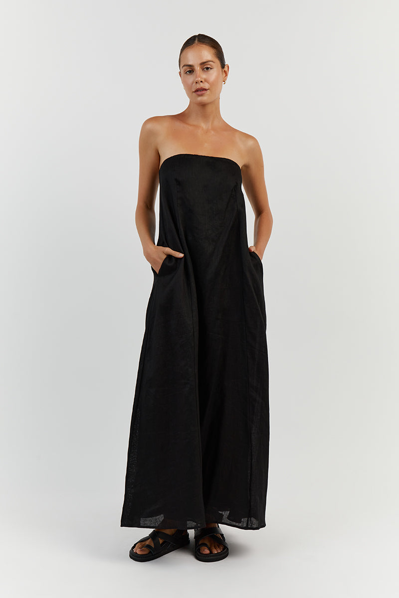 KARNEY BLACK LINEN STRAPLESS DRESS