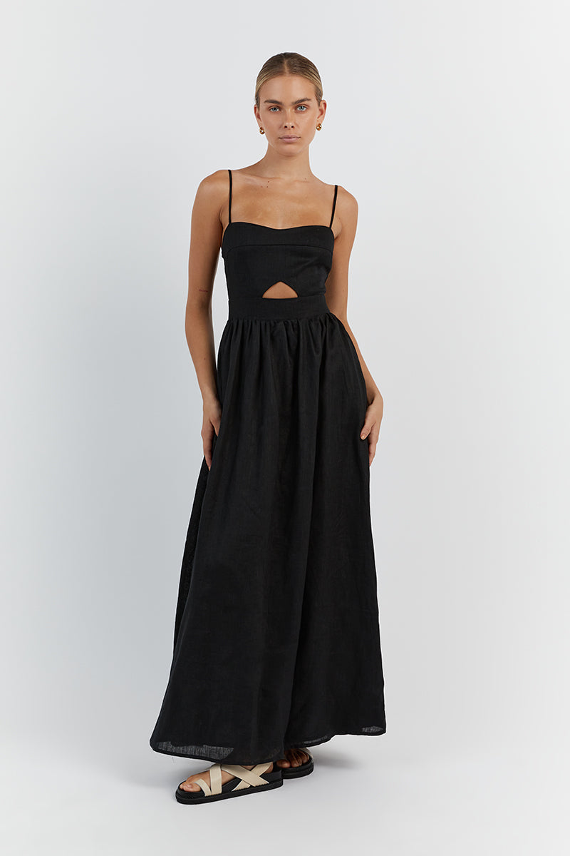 HARPER BLACK LINEN MIDI DRESS