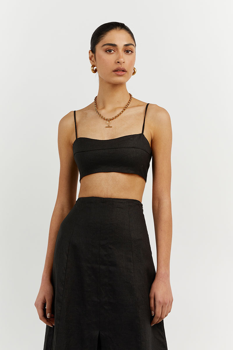 VIENNA BLACK LINEN CURVED CROP TOP