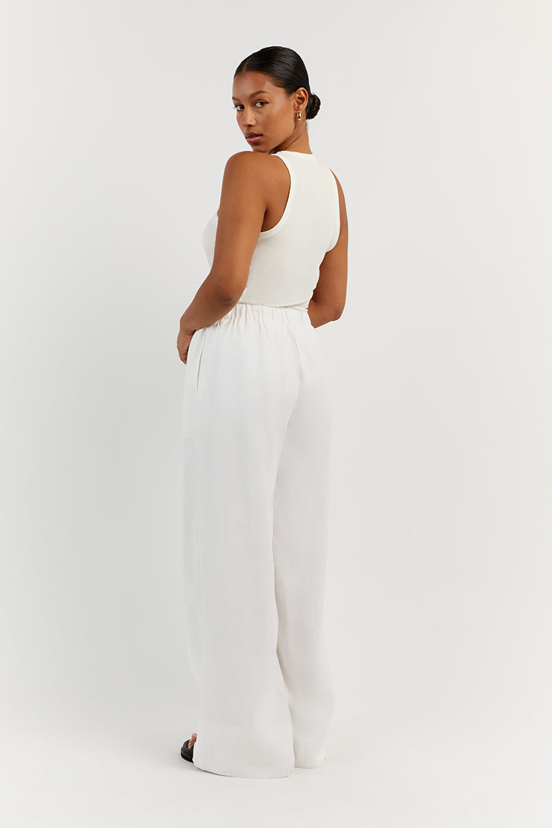 GINA WHITE LINEN ELASTIC WAIST PANT