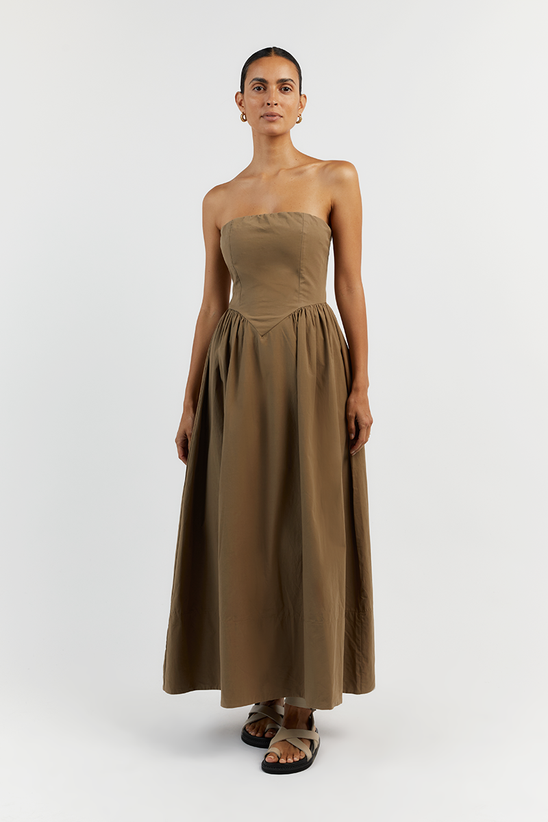 HYLAND COFFEE STRAPLESS MIDI DRESS