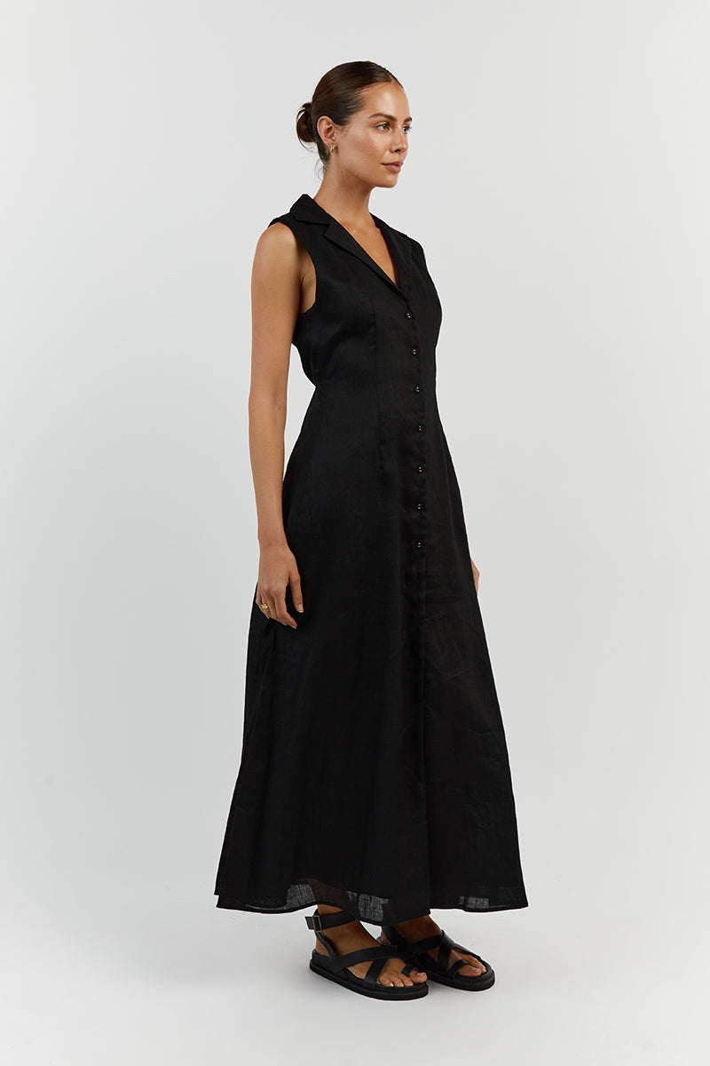 DREW BLACK LINEN SLEEVELESS DRESS