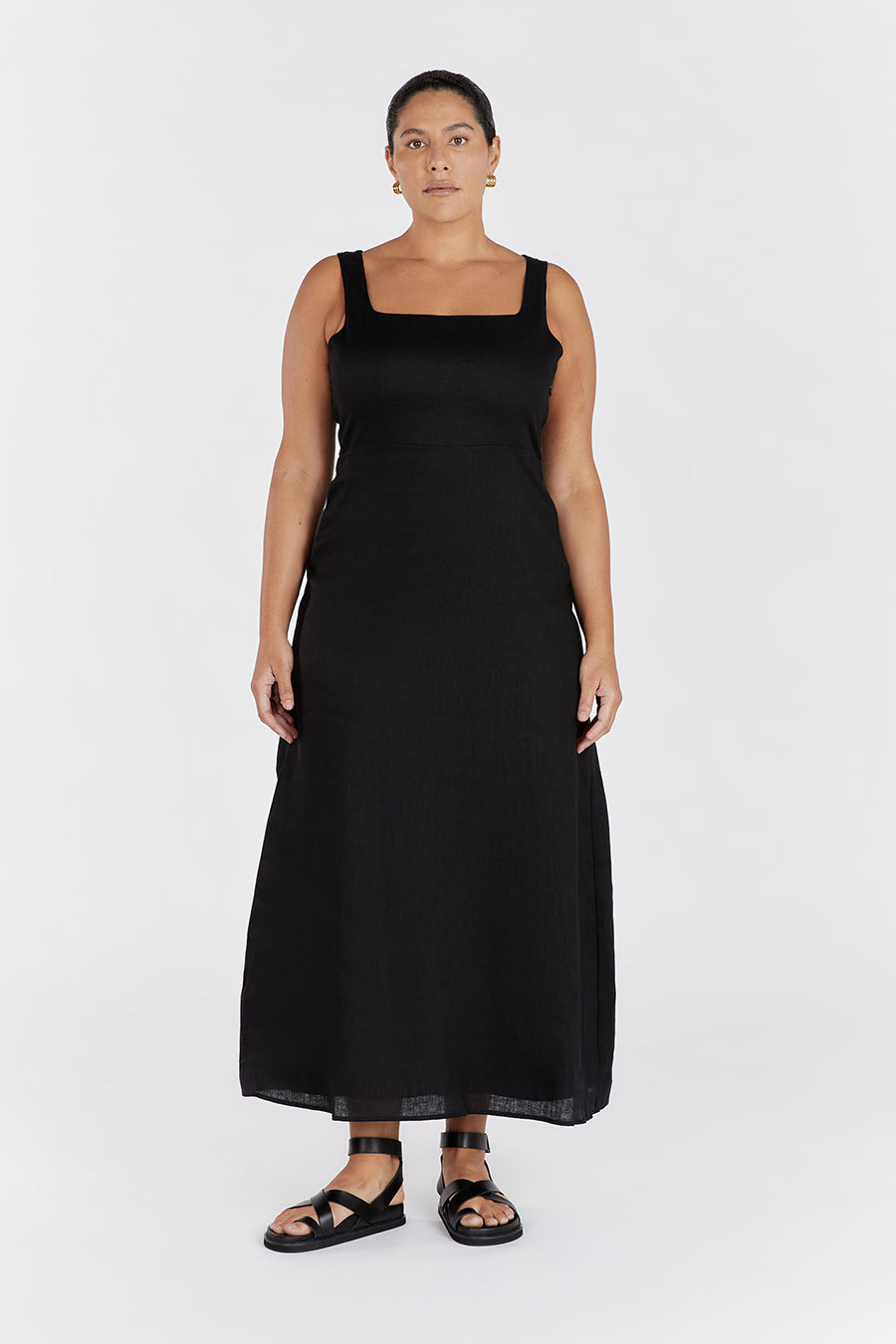SHANNON BLACK LINEN MIDI DRESS