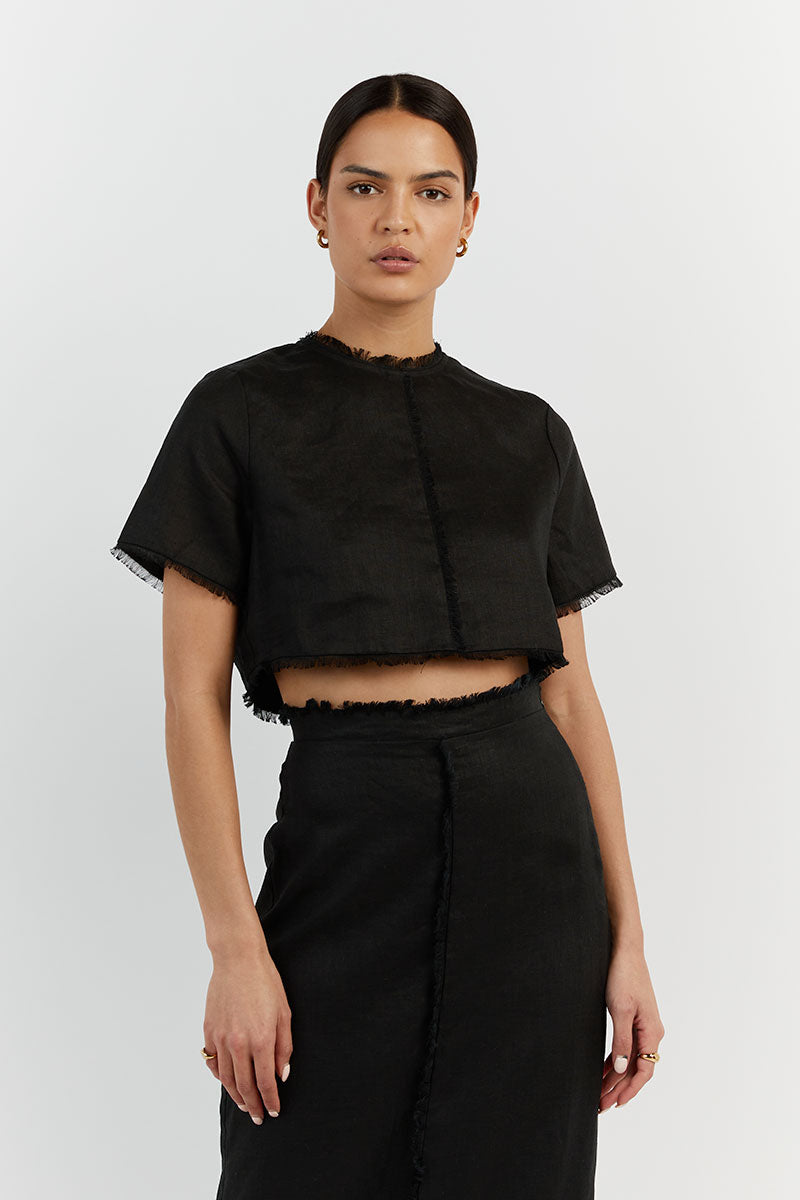 GEORGIE BLACK LINEN FRINGE CROP TOP