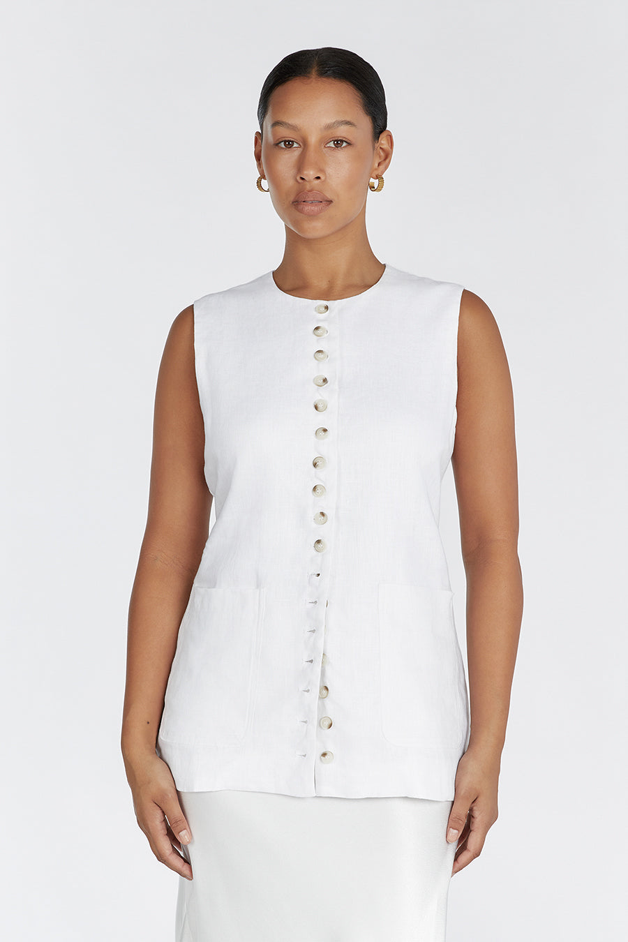 TILLY WHITE LINEN LONGLINE VEST