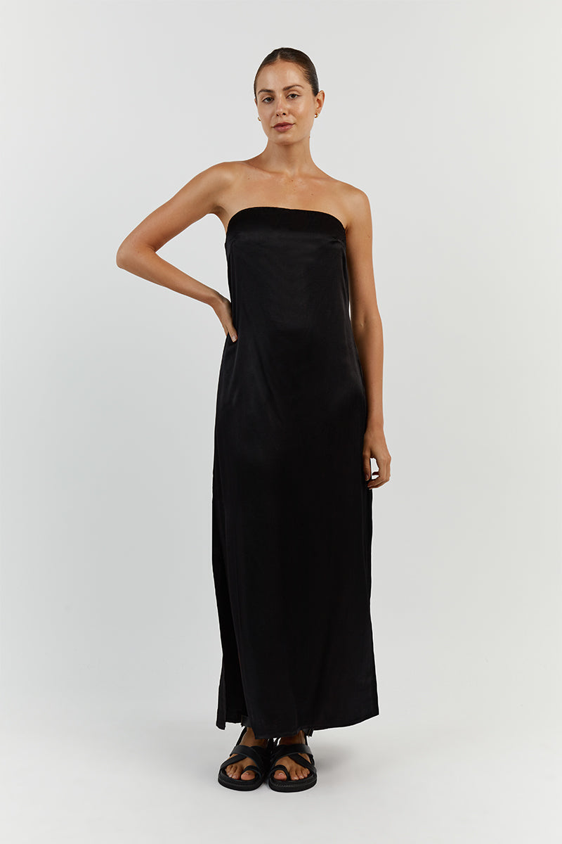 MIA BLACK STRAPLESS SATIN MIDI DRESS