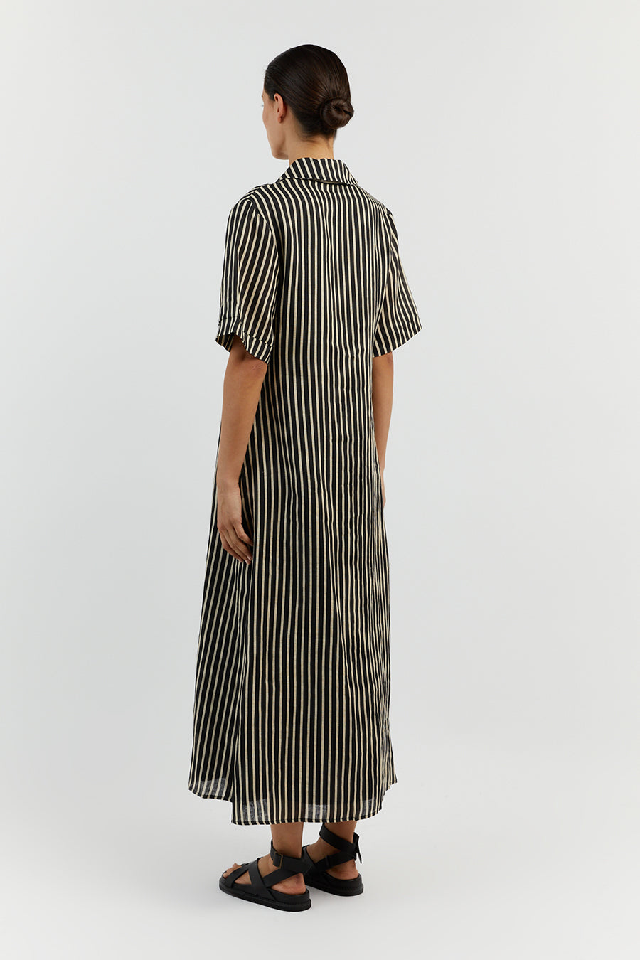 RORY BLACK LINEN SLEEVED MIDI DRESS