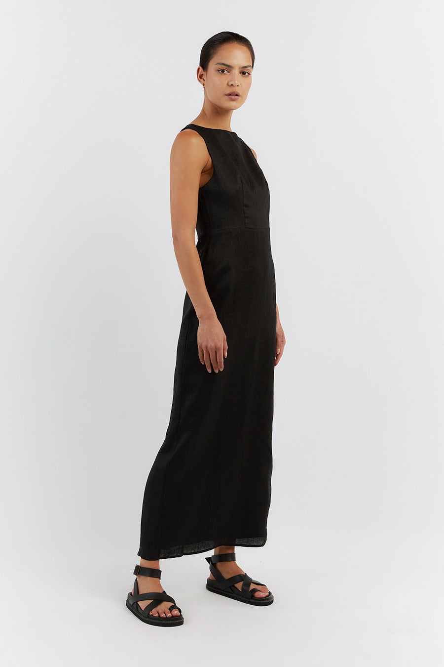 TYLA BLACK LINEN MIDI DRESS