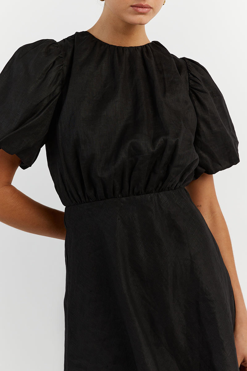 NAT BLACK GATHERED LINEN MINI DRESS