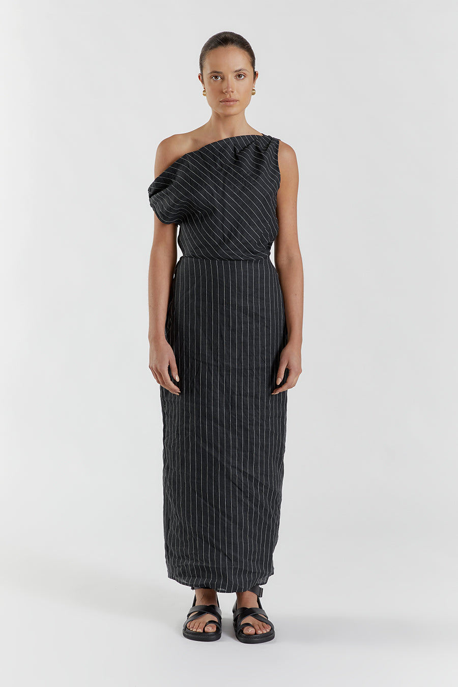 MARCEL BLACK PINSTRIPE MIDI DRESS