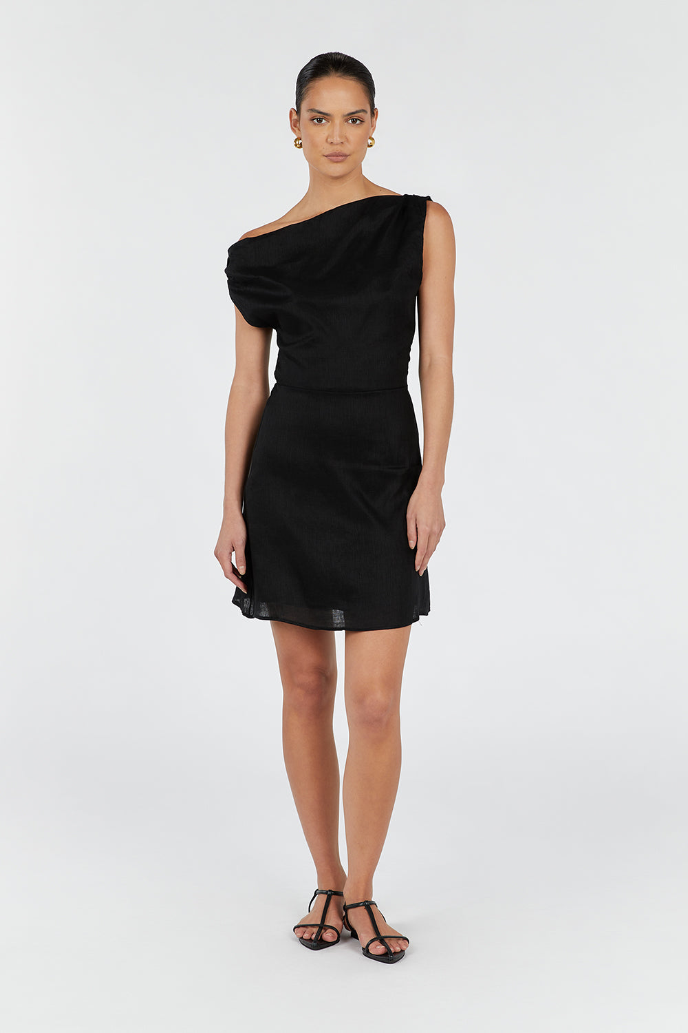 CASS BLACK ASYM LINEN MINI DRESS