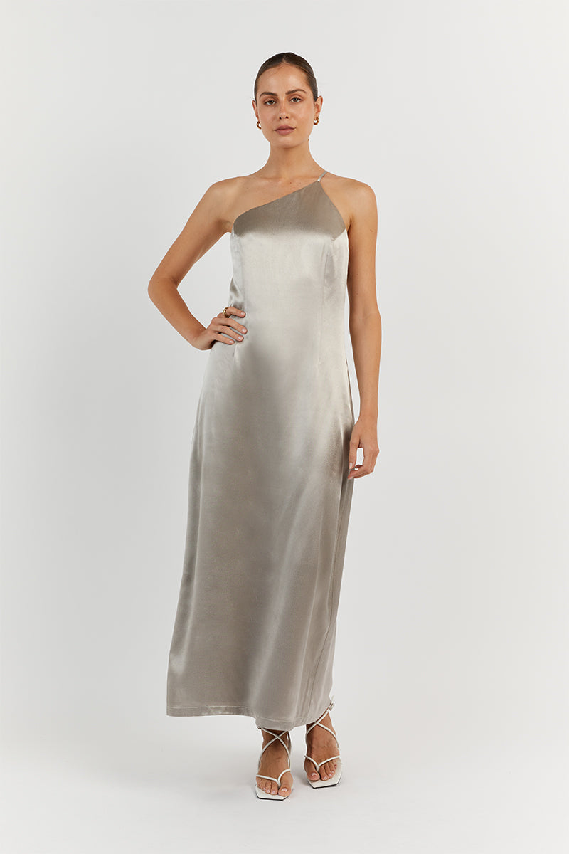 RIO PEWTER ONE SHOULDER MIDI DRESS