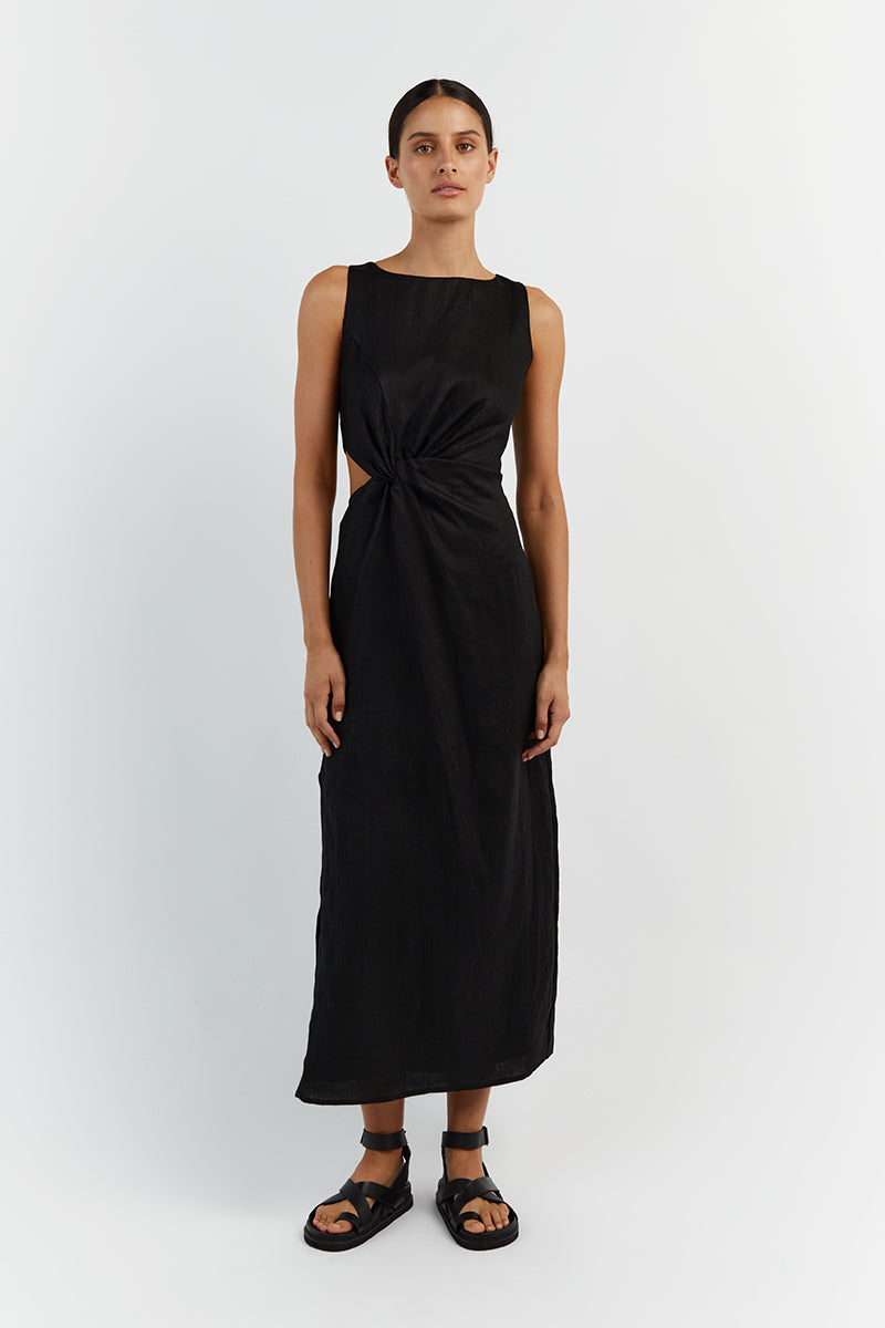 LEILANI BLACK LINEN MIDI DRESS