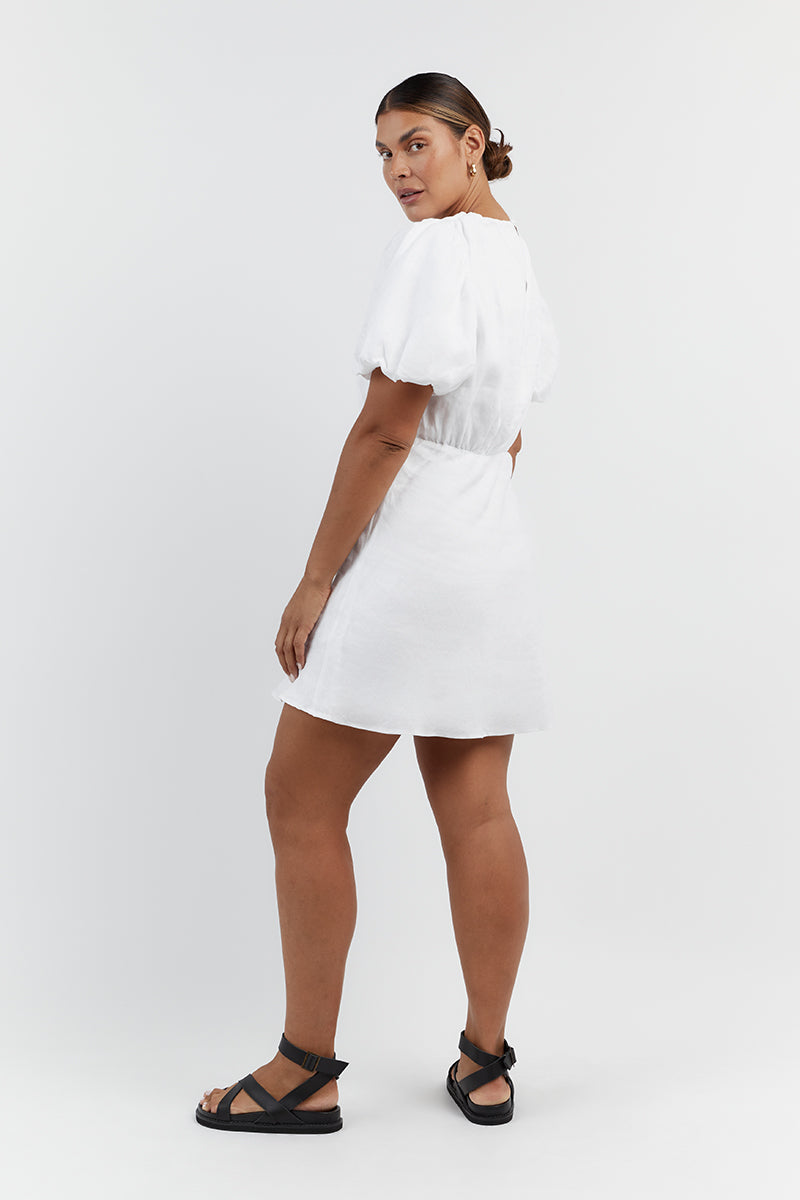 NAT WHITE GATHERED LINEN MINI DRESS