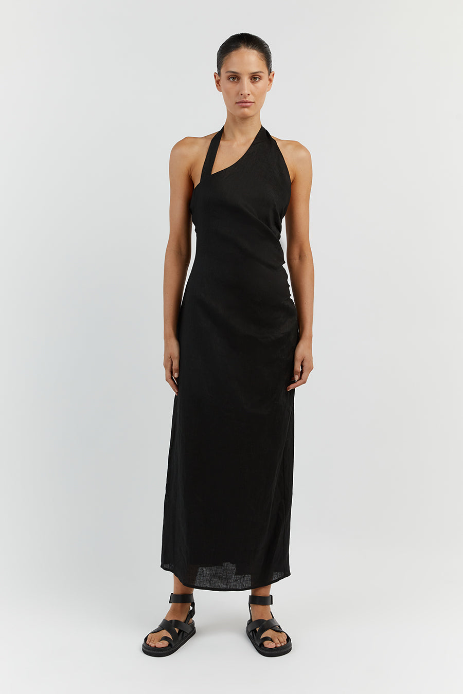 ZOEY BLACK ASYM LINEN MIDI DRESS