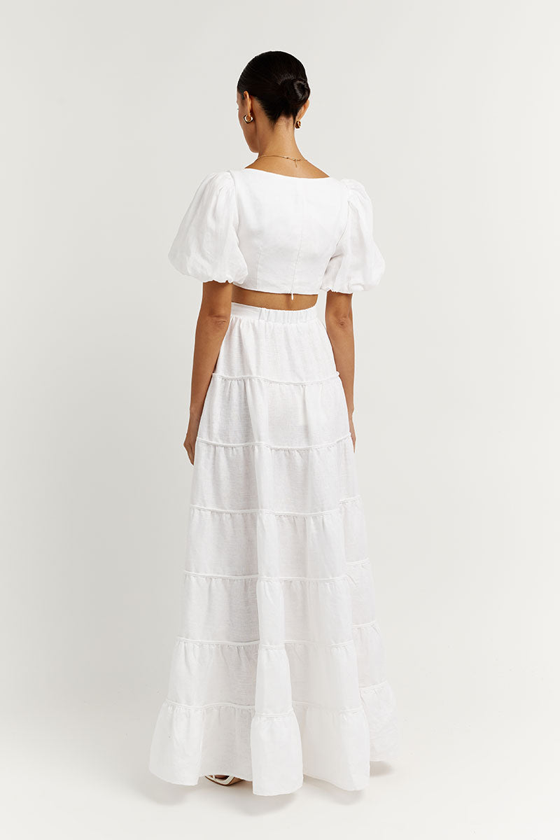 AISLE WHITE LINEN TIER LONG SKIRT