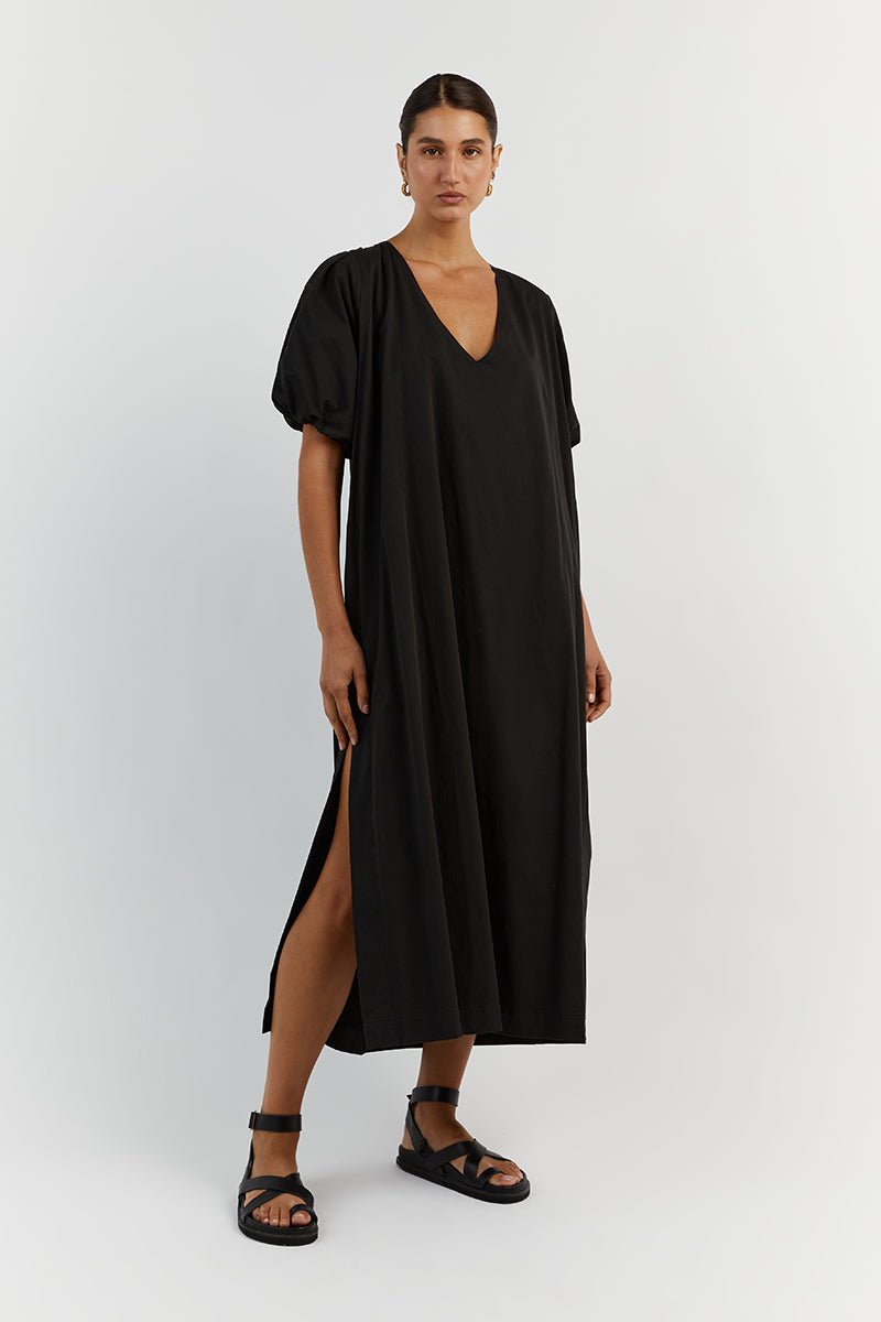 SKYLAR BLACK COTTON MIDI DRESS
