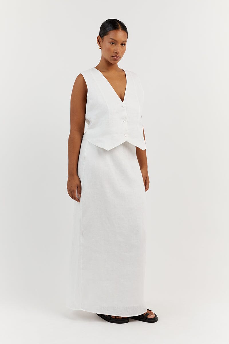 ROBERTS WHITE LINEN MIDI SKIRT