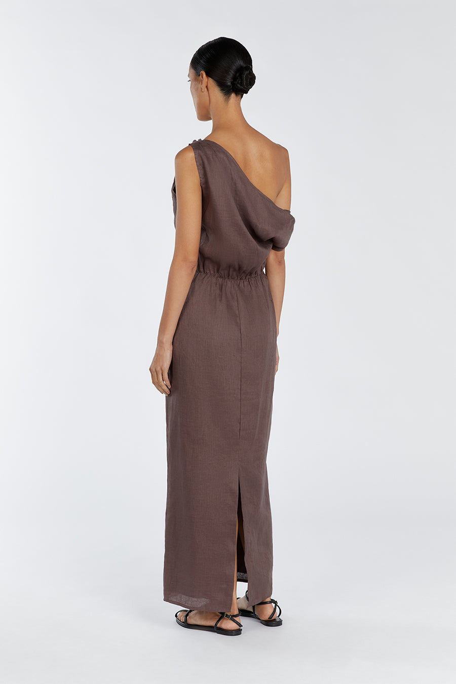 CASS CHOC LINEN ASYM MIDI DRESS
