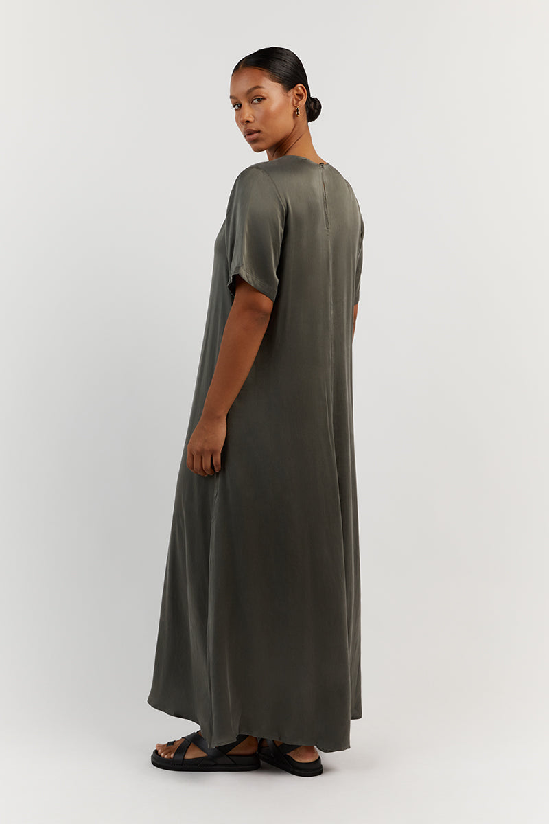 LAYLA DARK OLIVE SILK SHORT SLEEVE DRESS