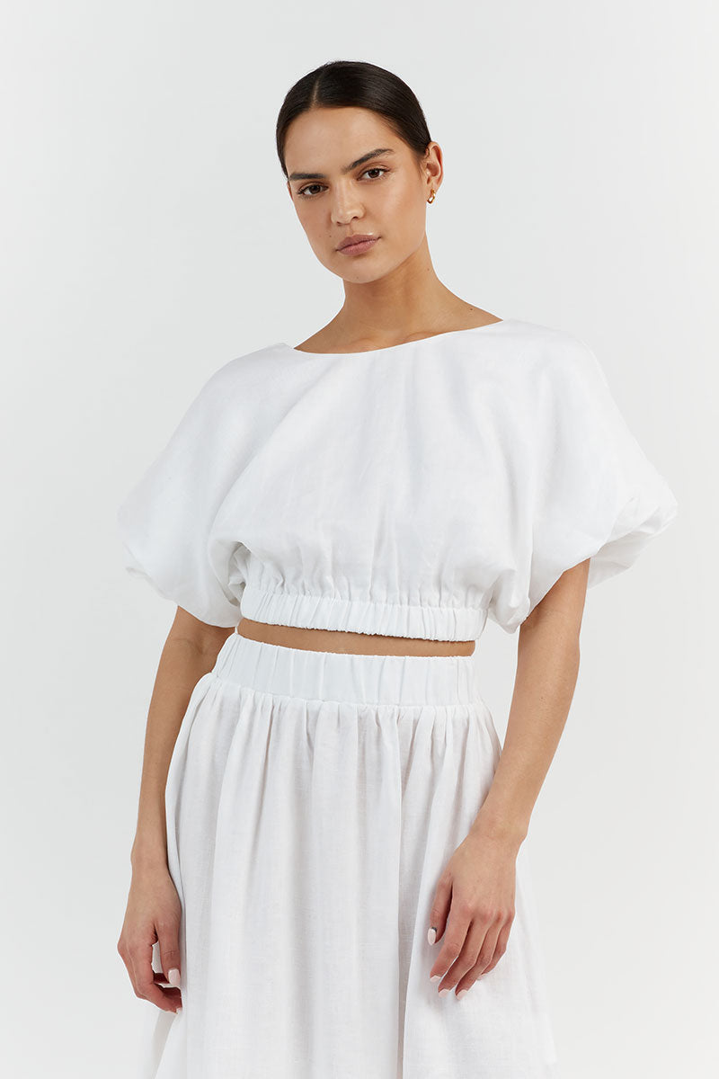 BONNIE WHITE LINEN BUBBLE CROP TOP