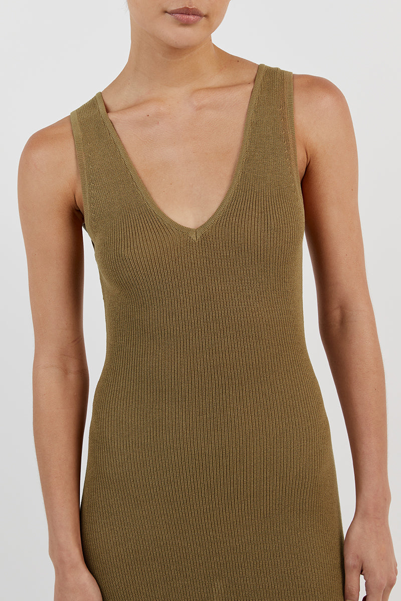 ASHER PISTACHIO V NECK MIDI DRESS