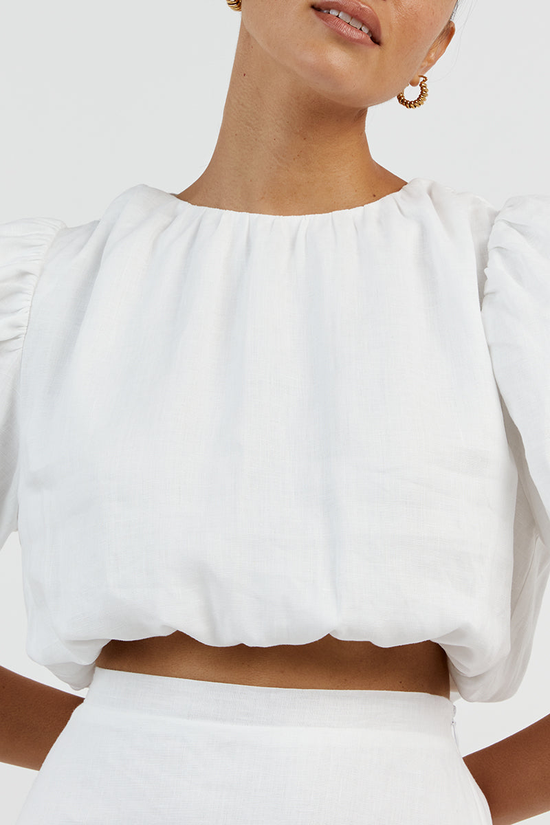 NAT WHITE GATHERED LINEN CROP TOP