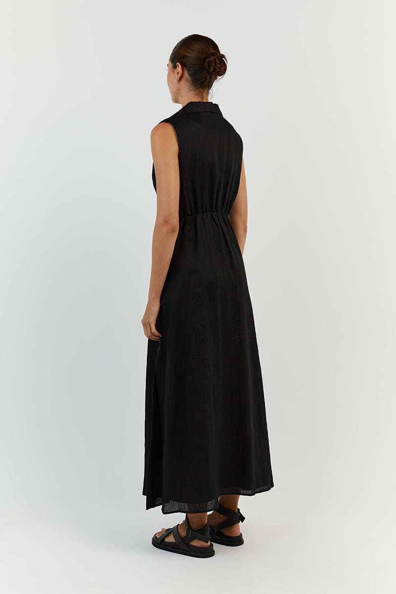 DREW BLACK LINEN SLEEVELESS DRESS