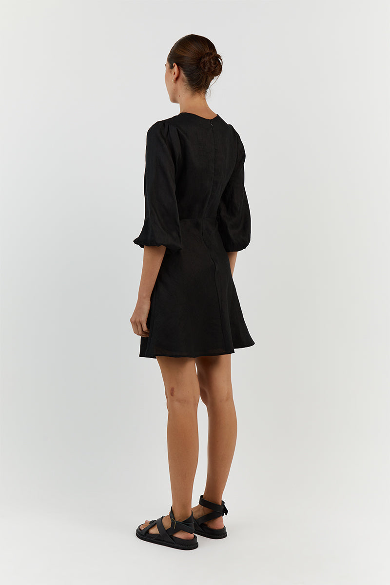 BEAU BLACK LINEN SLEEVED MINI DRESS