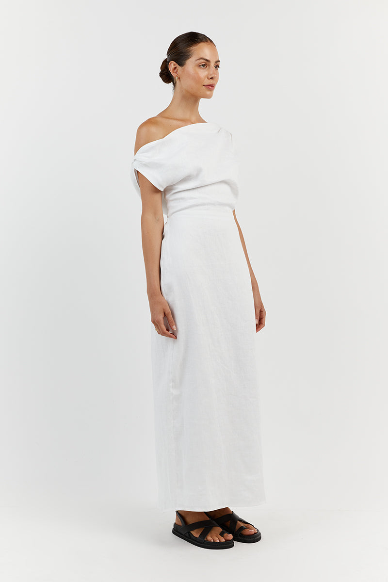 CASS WHITE ASYM LINEN MIDI DRESS