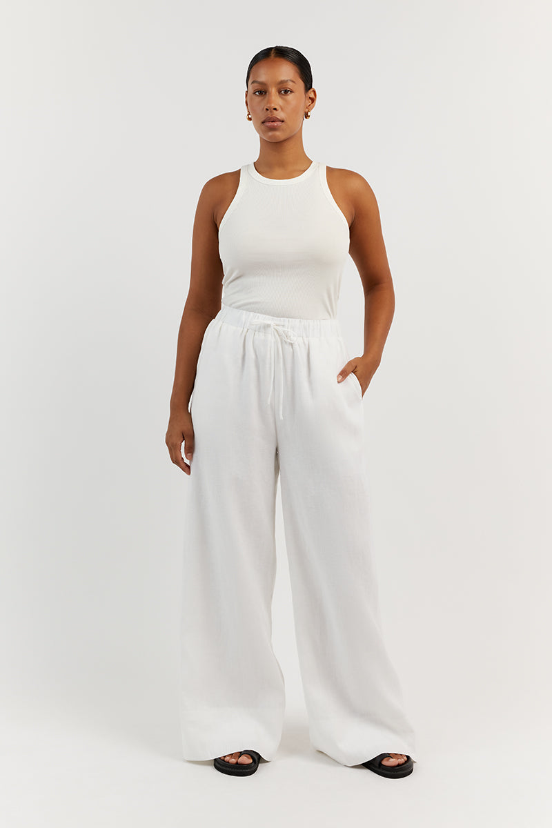 GINA WHITE LINEN ELASTIC WAIST PANT