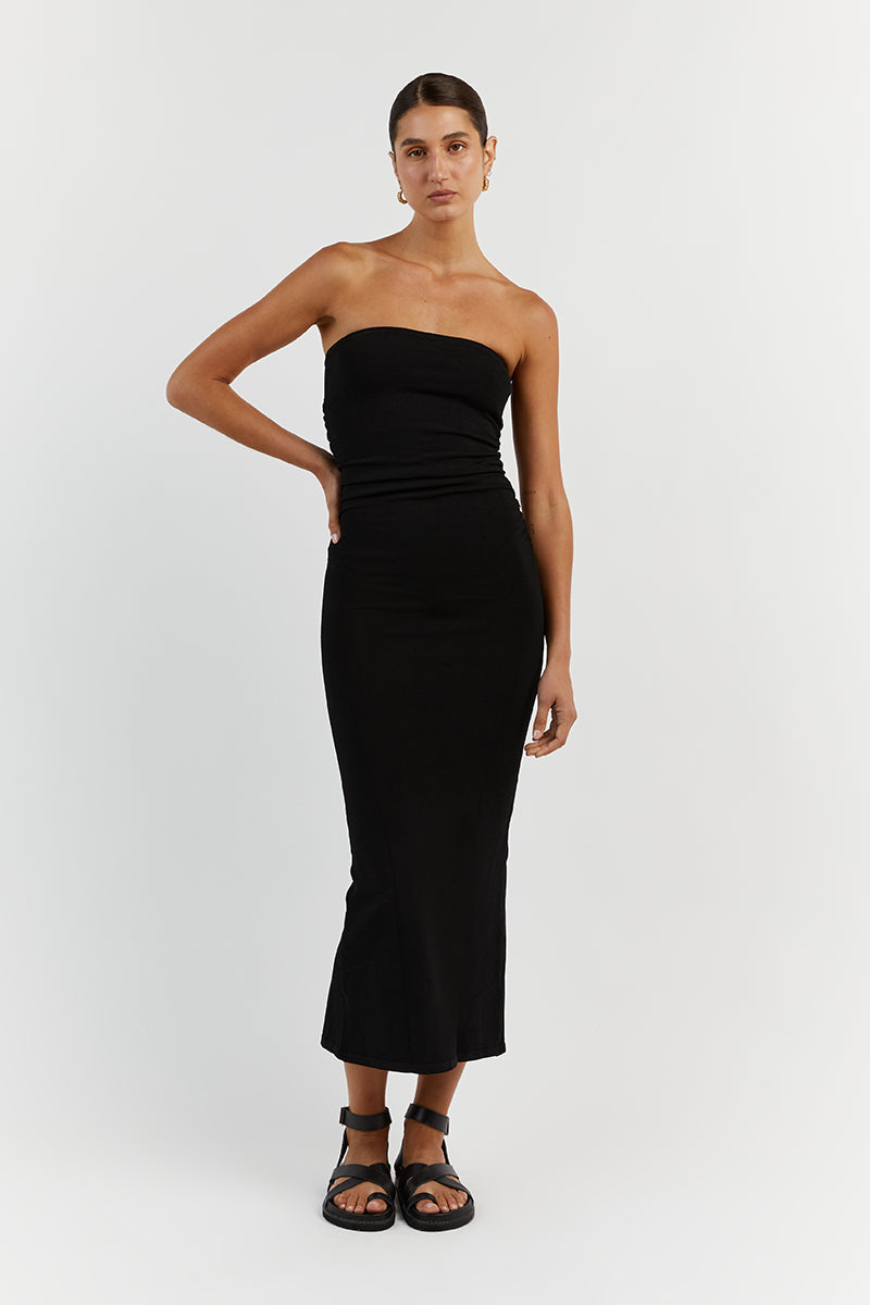 CARRIE BLACK RUCHED MIDI DRESS